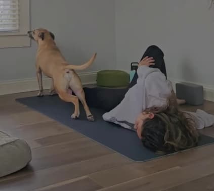A person and a dog on a yoga mat.